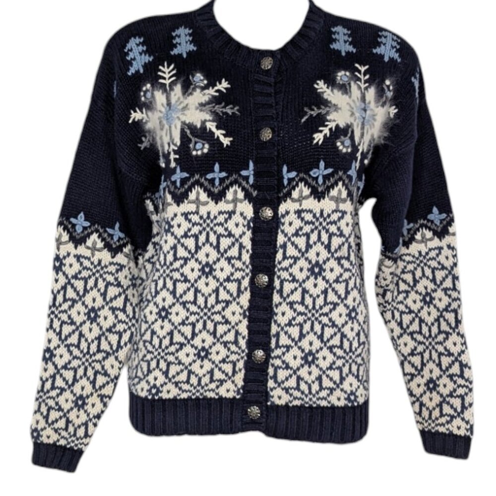 VTG Winter Snowflakes Hand Embroidered Metal Button Up Fair Isle Sweater